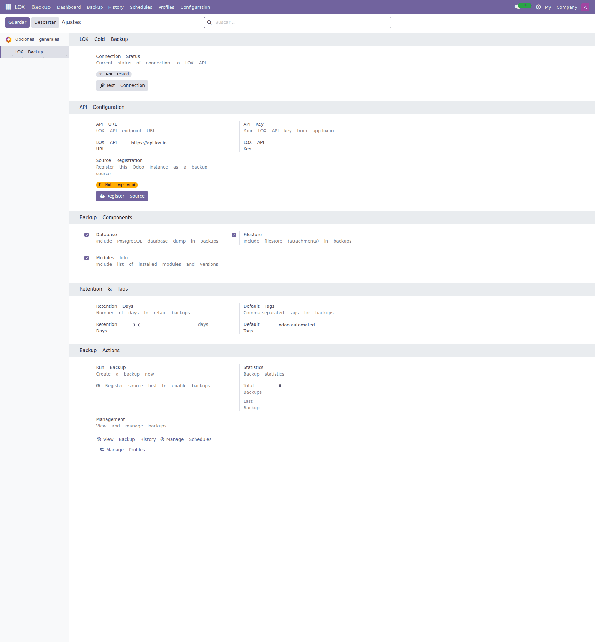 LOX Backup Odoo Settings