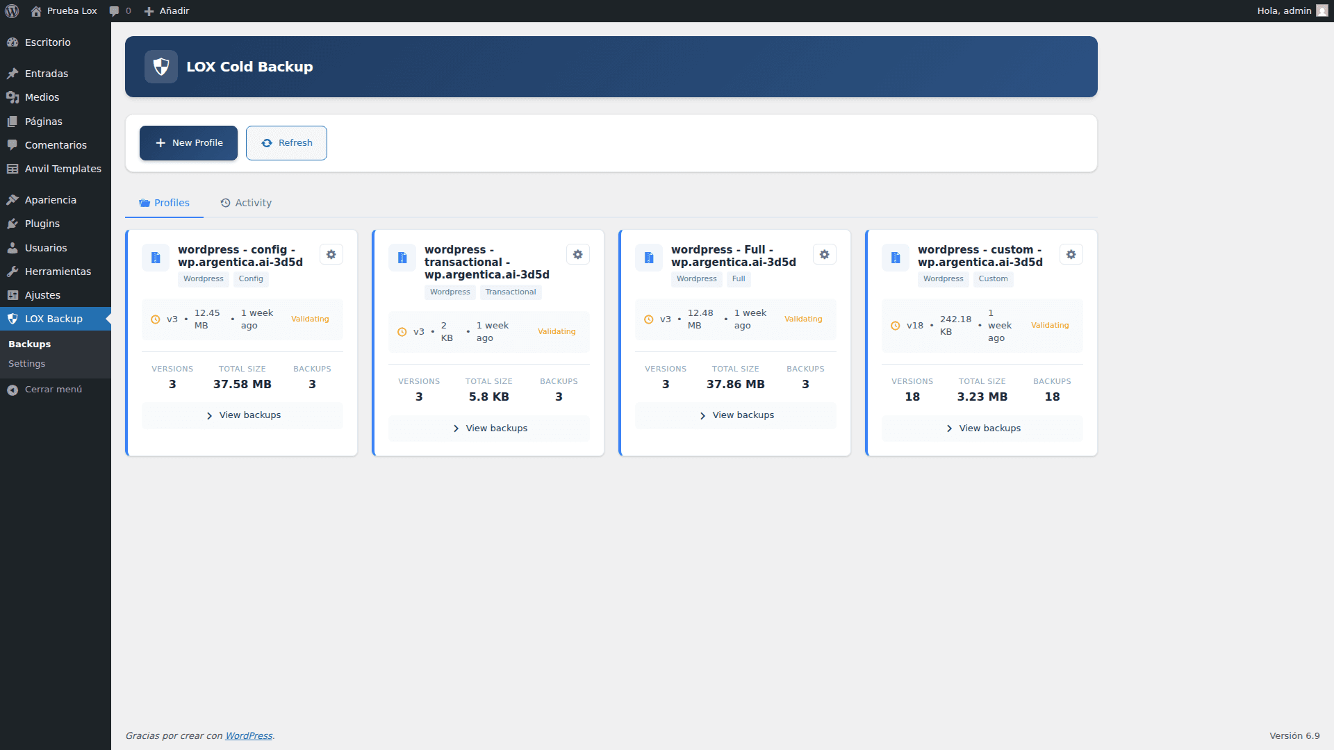 LOX Backup WordPress Backups List