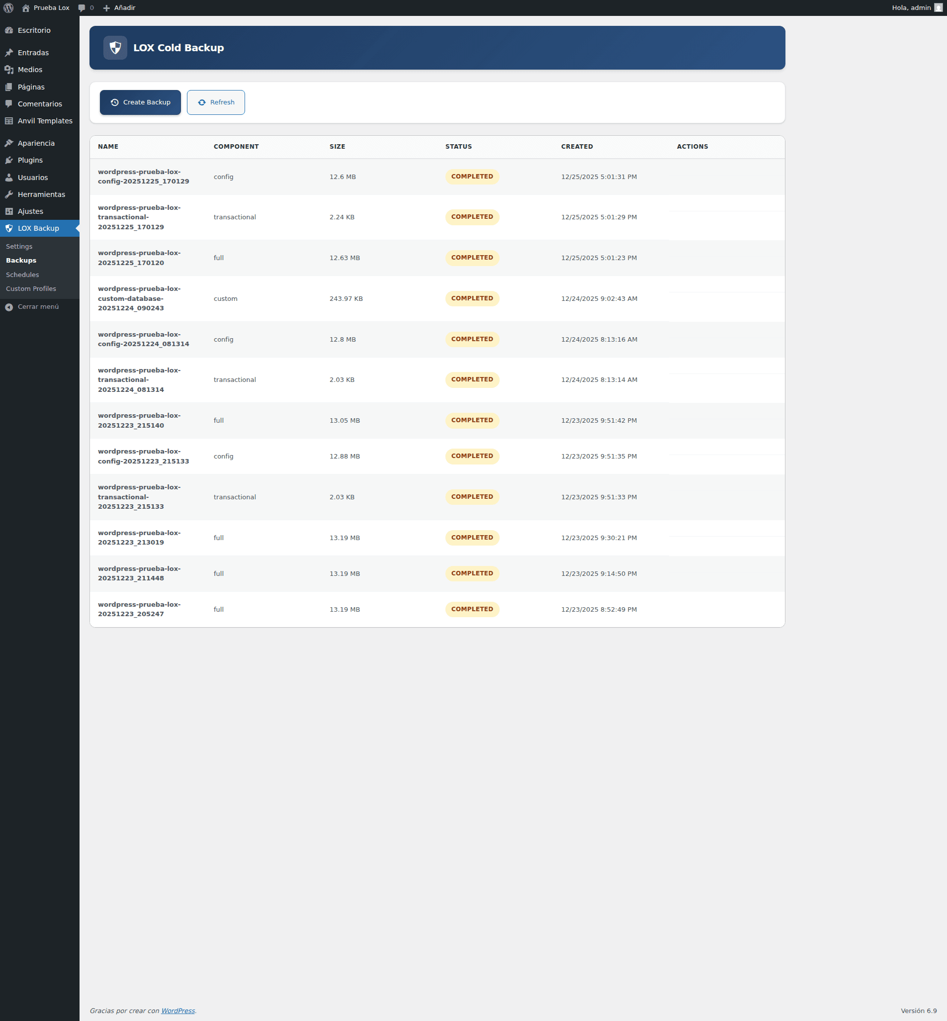 LOX Backup WordPress Backups List