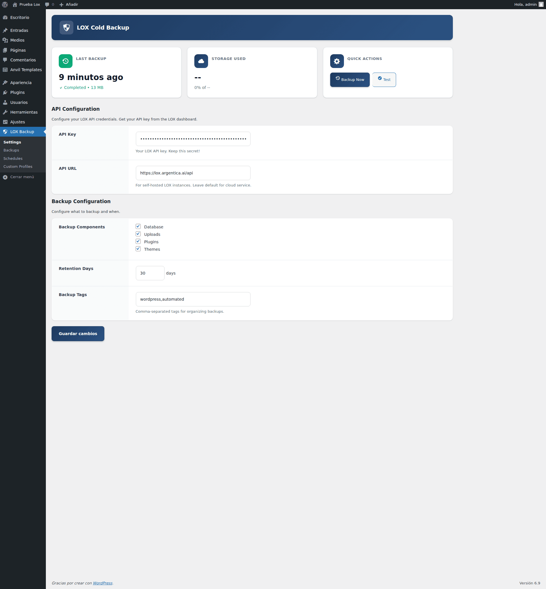 LOX Backup WordPress Settings
